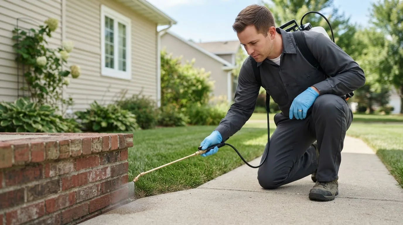 Pest control technician treating a home near Des Moines, IA