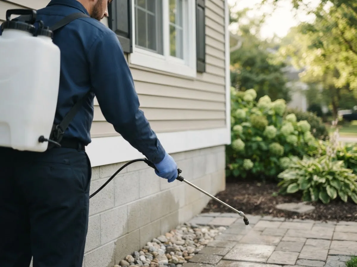 Pest control technician inspecting a home in Des Moines, IA